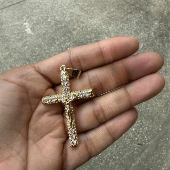 14K GP Jesus Christ Cross Crucifix Pendant CZ, Miami Cuban Chain 20-Inch 4mm - Picture 5 of 8